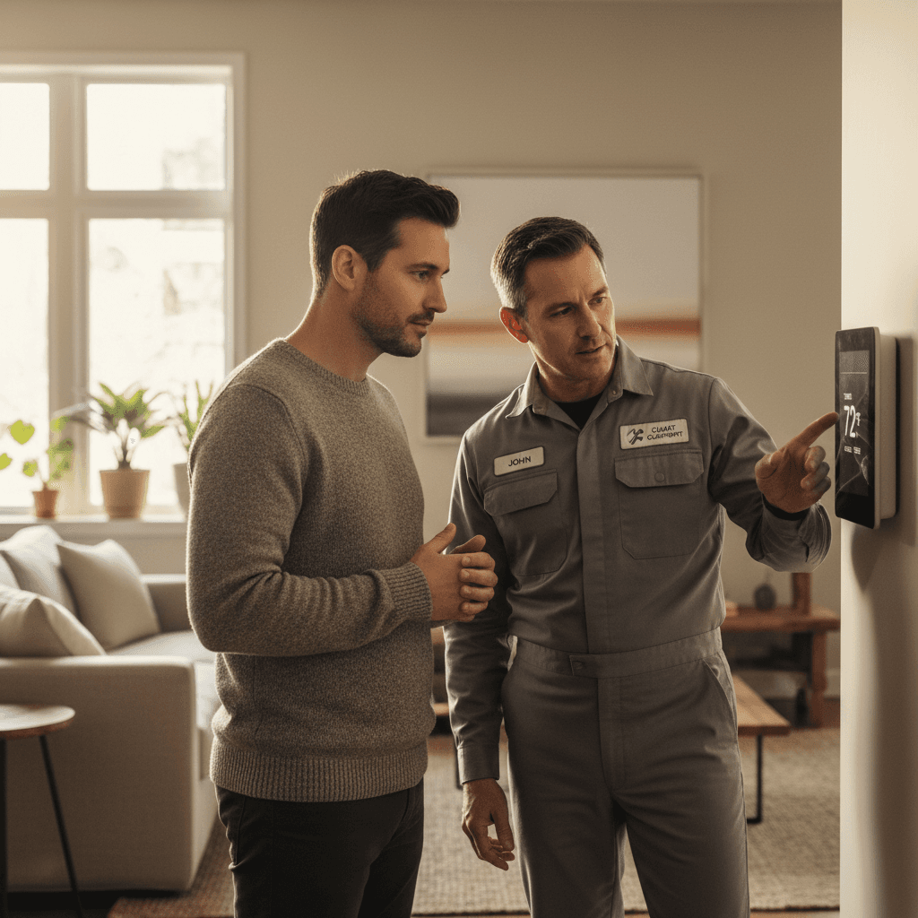 Technician explaining heating system to homeowner
