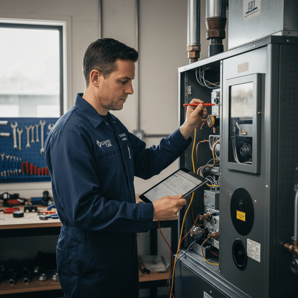 HVAC technician performing system inspection