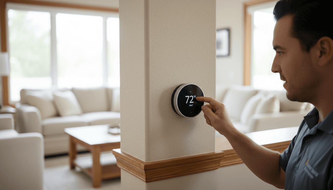 HVAC technician adjusting a home thermostat for optimal comfort