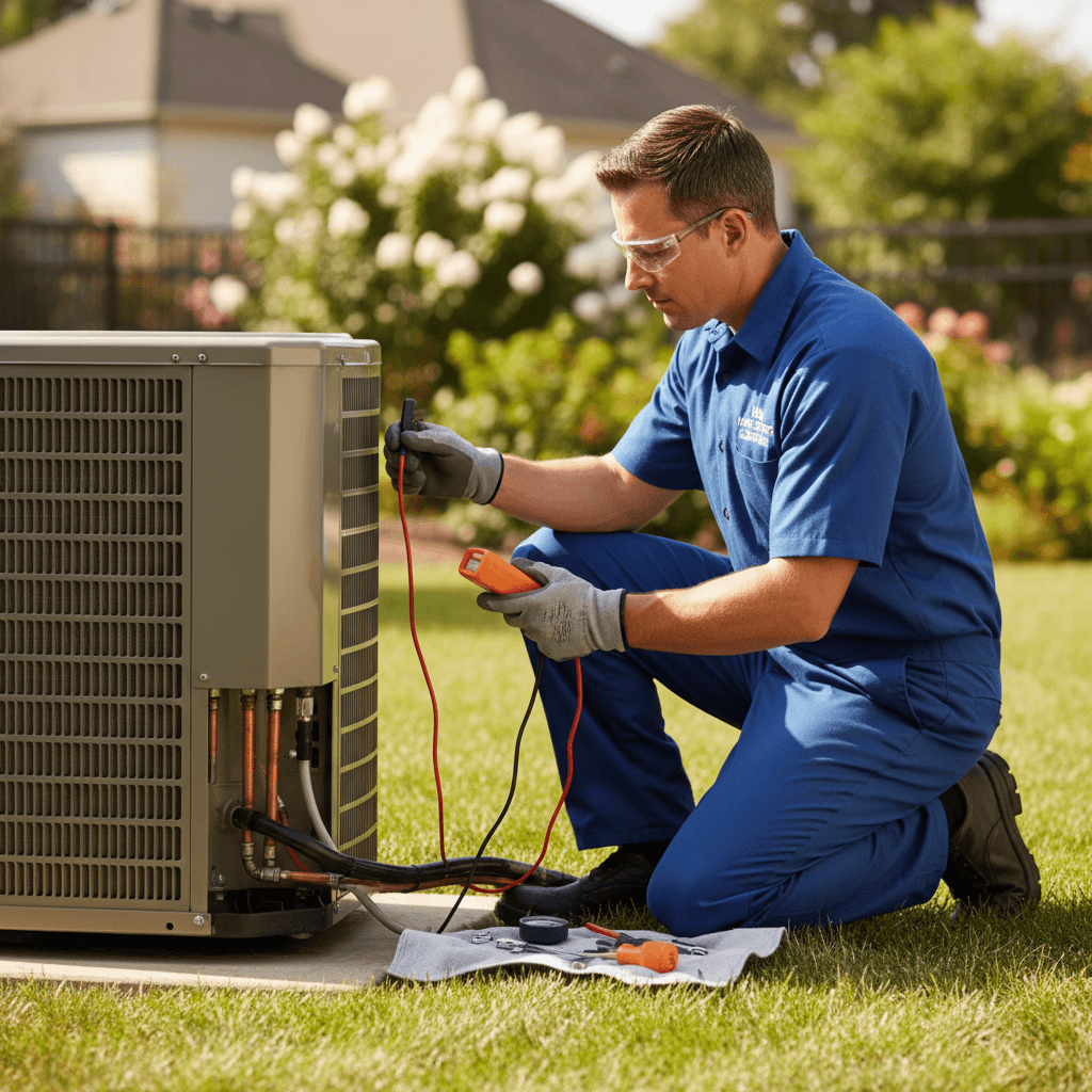 Technician maintaining outdoor air conditioning unit in a backyard