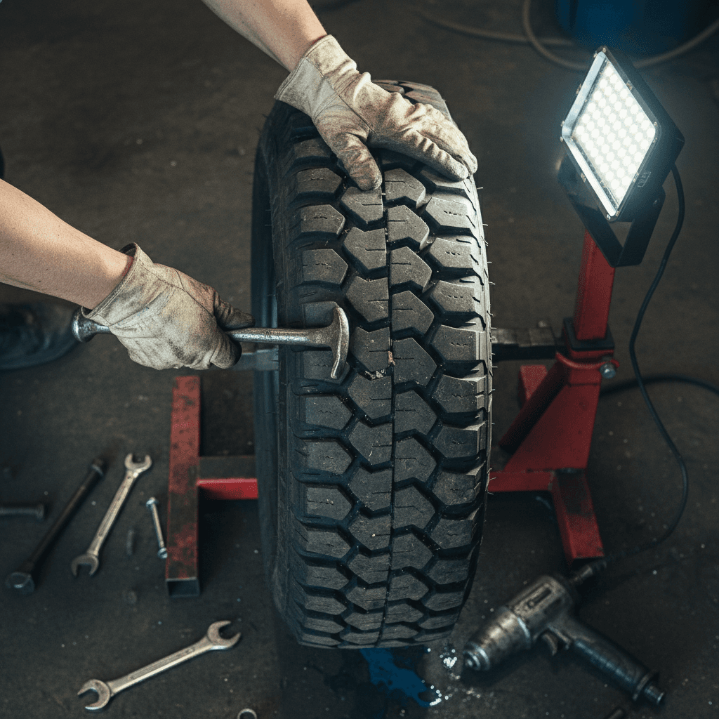 Technician servicing vehicle tire