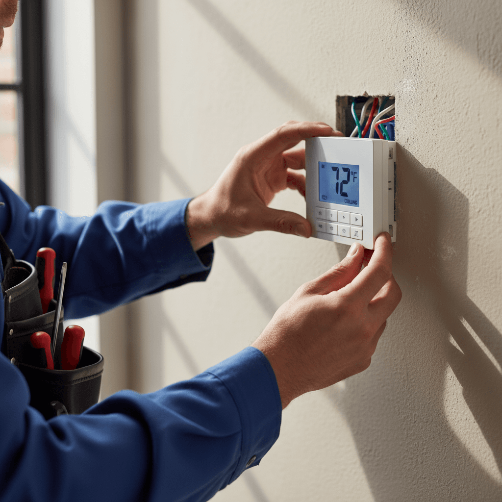 HVAC technician adjusting a residential thermostat