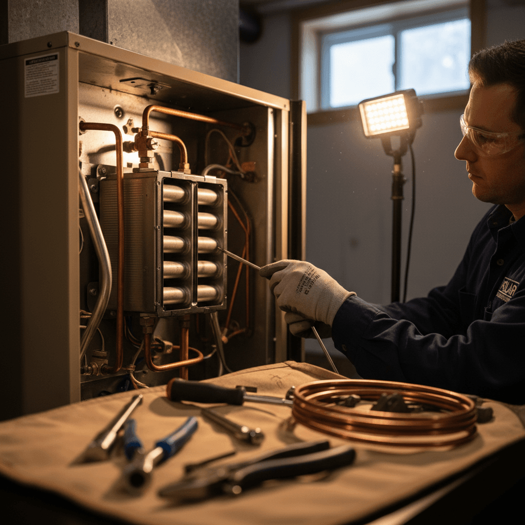 Technician installing heating and furnace components in a Kelowna home